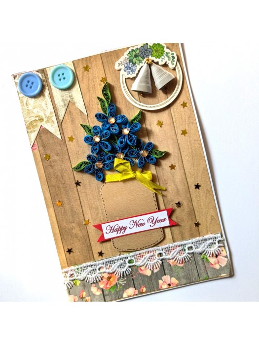 Quilled Blue Flowers New Year Greeting Card image